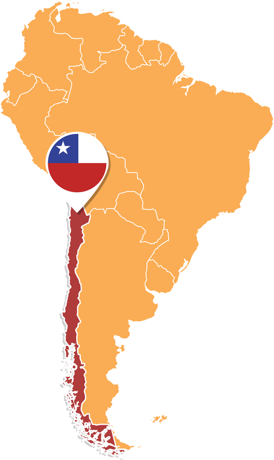 Chile map in South America, Chile location and flags.